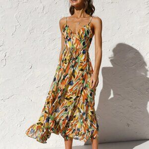 Multi Color Print Cami Midi Dress Commense NWT
